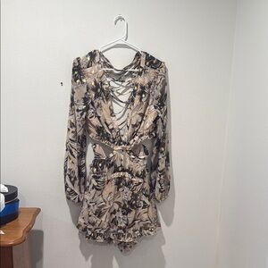 Cream and Black Backless Dress/Romper with Plunge Neckline and Bishop Sleeves